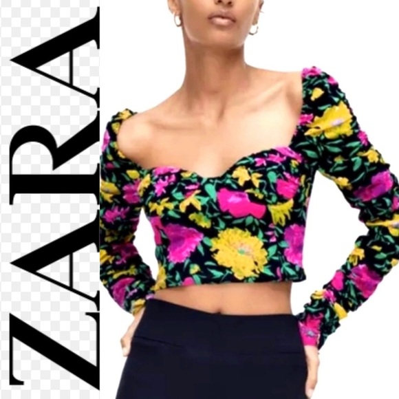 NWT. $50R Zara Off Shoulder Sweetheart Neckline Floral Crop Top Blouse - Picture 1 of 8